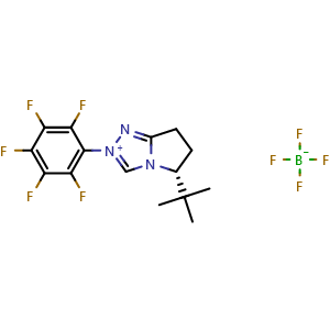 Chemical structure of (R)-5-(tert-Butyl)-2-(perfluorophenyl)-6,7-dihydro-5H-pyrrolo[2,1-c][1,2,4]triazol-2-iumtetrafluoroborate , CAS 1355451-64-7, AChemBlock AD259999