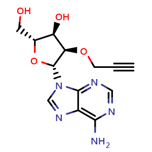 Chemical structure of (2R,3R,4R,5R)-5-(6-Amino-9H-purin-9-yl)-2-(hydroxymethyl)-4-(prop-2-yn-1-yloxy)tetrahydrofuran-3-ol , CAS 151390-97-5, AChemBlock AD260018