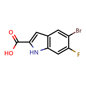 Chemical structure of 5-Bromo-6-fluoro-1H-indole-2-carboxylic Acid , CAS 1781582-42-0, AChemBlock AD260047