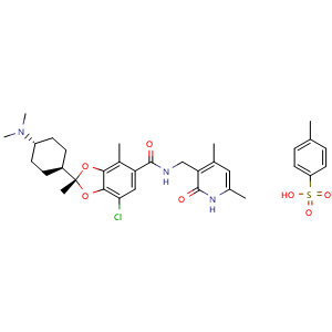 Chemical structure of (R)-7-Chloro-N-[(4,6-dimethyl-2-oxo-1,2-dihydro-3-pyridyl)methyl]-2-[trans-4-(dimethylamino)cyclohexyl]-2,4-dimethylbenzo[d][1,3]dioxole-5-carboxamide tosylate , CAS 1809336-93-3, AChemBlock AD260055