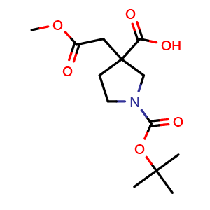 Chemical structure of 1-Boc-3-(2-methoxy-2-oxoethyl)pyrrolidine-3-carboxylic Acid , CAS 1889767-28-5, AChemBlock AD260058