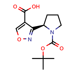 Chemical structure of (R)-3-(1-Boc-pyrrolidin-2-yl)isoxazole-4-carboxylic Acid , CAS 1892520-57-8, AChemBlock AD260061