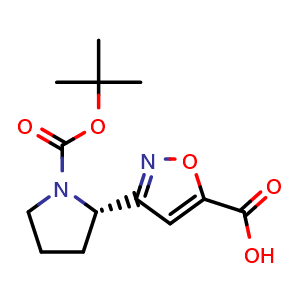 Chemical structure of (S)-3-(1-Boc-pyrrolidin-2-yl)isoxazole-5-carboxylic Acid , CAS 1892520-59-0, AChemBlock AD260062