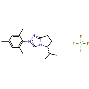 Chemical structure of (R)-5-Isopropyl-2-mesityl-6,7-dihydro-5H-pyrrolo[2,1-c][1,2,4]triazol-2-iumtetrafluoroborate , CAS 2216797-99-6, AChemBlock AD260099