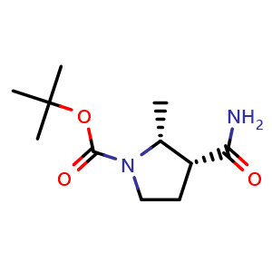 Chemical structure of (2R,3R)-1-Boc-2-methylpyrrolidine-3-carboxamide , CAS 2259662-49-0, AChemBlock AD260103