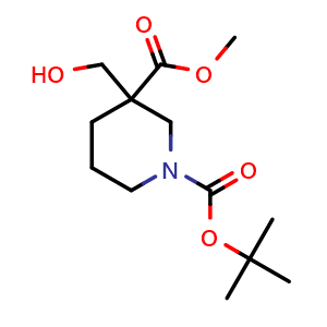 Chemical structure of Methyl 1-boc-3-(hydroxymethyl)piperidine-3-carboxylate , CAS 2279962-28-4, AChemBlock AD260106