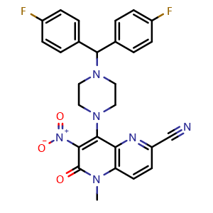 Chemical structure of 8-(4-(Bis(4-fluorophenyl)methyl)piperazin-1-yl)-5-methyl-7-nitro-6-oxo-5,6-dihydro-1,5-naphthyridine-2-carbonitrile , CAS 2407854-18-4, AChemBlock AD260119