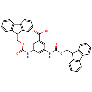 Chemical structure of 3,5-Bis((((9H-fluoren-9-yl)methoxy)carbonyl)amino)benzoic acid , CAS 248602-44-0, AChemBlock AD260129