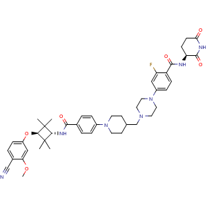Chemical structure of 4-(4-((1-(4-((trans-3-(4-Cyano-3-methoxyphenoxy)-2,2,4,4-tetramethylcyclobutyl)carbamoyl)phenyl)piperidin-4-yl)methyl)piperazin-1-yl)-N-((S)-2,6-dioxopiperidin-3-yl)-2-fluorobenzamide , CAS 2750830-09-0, AChemBlock AD260149