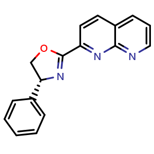Chemical structure of (R)-2-(1,8-Naphthyridin-2-yl)-4-phenyl-4,5-dihydrooxazole , CAS 2757082-69-0, AChemBlock AD260153