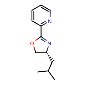 Chemical structure of (R)-4-Isobutyl-2-(pyridin-2-yl)-4,5-dihydrooxazole , CAS 2757082-82-7, AChemBlock AD260155