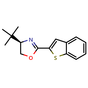 Chemical structure of (R)-2-(Benzo[b]thiophen-2-yl)-4-(tert-butyl)-4,5-dihydrooxazole , CAS 2757084-01-6, AChemBlock AD260166