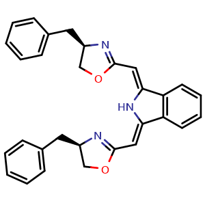 Chemical structure of (1Z,3Z)-1,3-Bis(((R)-4-benzyl-4,5-dihydrooxazol-2-yl)methylene)isoindoline , CAS 2828432-08-0, AChemBlock AD260184