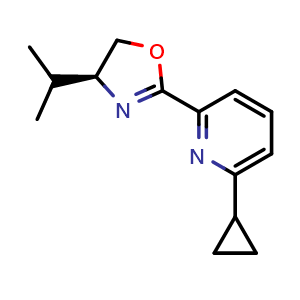 Chemical structure of (S)-2-(6-Cyclopropylpyridin-2-yl)-4-isopropyl-4,5-dihydrooxazole , CAS 2828438-54-4, AChemBlock AD260198