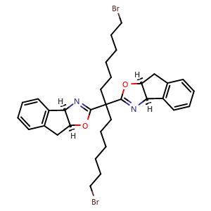 Chemical structure of (3aR,3a'R,8aS,8a'S)-2,2'-(1,13-Dibromotridecane-7,7-diyl)bis(3a,8a-dihydro-8H-indeno[1,2-d]oxazole) , CAS 2828439-66-1, AChemBlock AD260223