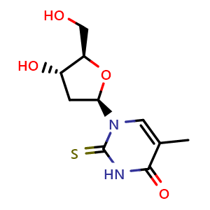 Chemical structure of 1-((2R,4S,5R)-4-Hydroxy-5-(hydroxymethyl)tetrahydrofuran-2-yl)-5-methyl-2-thioxo-2,3-dihydropyrimidin-4(1H)-one , CAS 28585-51-5, AChemBlock AD260227