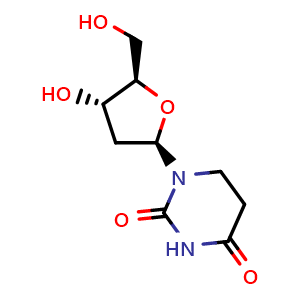 Chemical structure of 1-((2R,4S,5R)-4-Hydroxy-5-(hydroxymethyl)tetrahydrofuran-2-yl)dihydropyrimidine-2,4(1H,3H)-dione , CAS 5626-99-3, AChemBlock AD260264