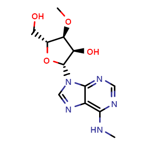 Chemical structure of (2R,3R,4S,5R)-5-(Hydroxymethyl)-4-methoxy-2-(6-(methylamino)-9H-purin-9-yl)tetrahydrofuran-3-ol , CAS 60037-52-7, AChemBlock AD260268