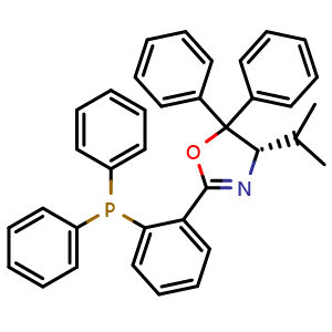 Chemical structure of (S)-2-(2-(Diphenylphosphanyl)phenyl)-4-isopropyl-5,5-diphenyl-4,5-dihydrooxazole , CAS 861718-64-1, AChemBlock AD260299