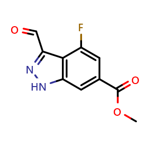 Chemical structure of 4-Fluoro-6-methoxycarbonyl-1H-indazole-3-carboxaldehyde , CAS 885521-50-6, AChemBlock AD260305