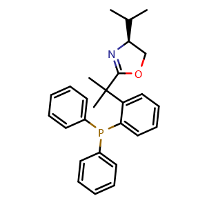 Chemical structure of (S)-2-(2-(2-(Diphenylphosphino)phenyl)propan-2-yl)-4-isopropyl-4,5-dihydrooxazole , CAS 947618-06-6, AChemBlock AD260329