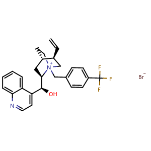 Chemical structure of (2R,4S,5R)-2-((S)-hydroxy(quinolin-4-yl)methyl)-1-(4-(trifluoromethyl)benzyl)-5-vinylquinuclidin-1-ium bromide , CAS 95088-20-3, AChemBlock AD260331