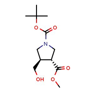 Chemical structure of Methyl (3R,4R)-1-Boc-4-(hydroxymethyl)pyrrolidine-3-carboxylate , CAS 955138-26-8, AChemBlock AD260333