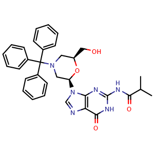 Chemical structure of N-(9-((2R,6S)-6-(Hydroxymethyl)-4-tritylmorpholin-2-yl)-6-oxo-6,9-dihydro-1H-purin-2-yl)isobutyramide , CAS 956139-24-5, AChemBlock AD260335