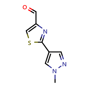 Chemical structure of 2-(1-Methyl-1H-pyrazol-4-yl)thiazole-4-carbaldehyde , CAS 1178472-07-5, AChemBlock AD260427