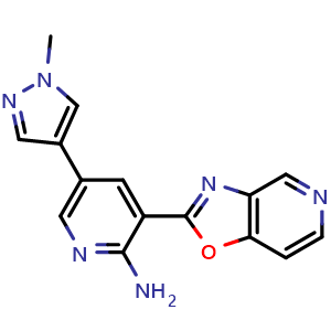 Chemical structure of 5-(1-Methyl-1H-pyrazol-4-yl)-3-oxazolo[4,5-c]pyridin-2-yl-2-pyridinamine , CAS 1190740-55-6, AChemBlock AD260434