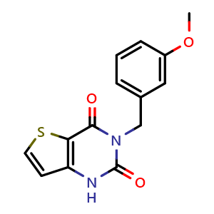 Chemical structure of 3-(3-Methoxybenzyl)thieno[3,2-d]pyrimidine-2,4(1H,3H)-dione , CAS 1223886-16-5, AChemBlock AD260461