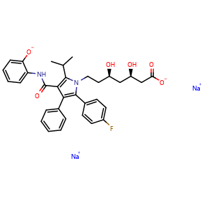 Chemical structure of Sodium (3R,5R)-7-(2-(4-fluorophenyl)-5-isopropyl-4-((2-oxidophenyl)carbamoyl)-3-phenyl-1H-pyrrol-1-yl)-3,5-dihydroxyheptanoate , CAS 1276537-18-8, AChemBlock AD260500