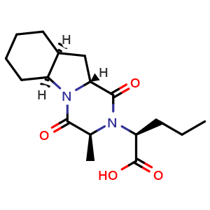 Chemical structure of (S)-2-((3S,5aS,9aS,10aR)-3-Methyl-1,4-dioxodecahydropyrazino[1,2-a]indol-2(1H)-yl)pentanoic acid (Perindopril Impurity) , CAS 130061-28-8, AChemBlock AD260509