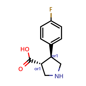Chemical structure of (3R,4S)-rel-4-(4-Fluorophenyl)pyrrolidine-3-carboxylic acid , CAS 1330830-35-7, AChemBlock AD260530
