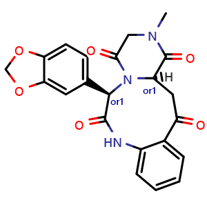 Chemical structure of rel-(6R,14aR)-6-(1,3-Benzodioxol-5-yl)-2,3,14,14a-tetrahydro-2-methylpyrazino[1,2-d][1,4]benzodiazonine-1,4,7,13(6H,8H)-tetrone , CAS 1346605-38-6, AChemBlock AD260543