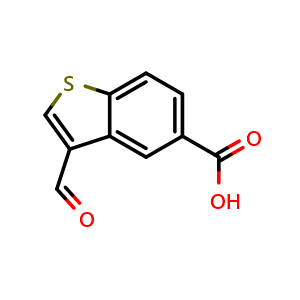Chemical structure of 3-Formylbenzo[b]thiophene-5-carboxylic acid , CAS 1388030-73-6, AChemBlock AD260560