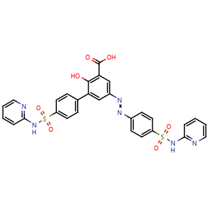 Chemical structure of 2-Hydroxy-4′-[(2-pyridinylamino)sulfonyl]-5-[2-[4-[(2-pyridinylamino)sulfonyl]phenyl]diazenyl][1,1′-biphenyl]-3-carboxylic acid , CAS 1391062-34-2, AChemBlock AD260562