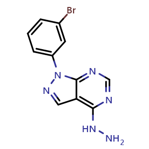 Chemical structure of 1-(3-Bromophenyl)-4-hydrazinyl-1H-pyrazolo[3,4-d]pyrimidine , CAS 1416348-32-7, AChemBlock AD260575