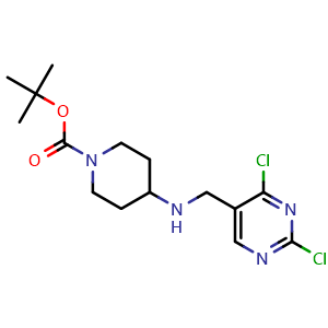Chemical structure of tert-Butyl 4-(((2,4-dichloropyrimidin-5-yl)methyl)amino)piperidine-1-carboxylate , CAS 1420844-37-6, AChemBlock AD260577
