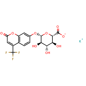 Chemical structure of Potassium (2S,3S,4S,5R,6S)-3,4,5-trihydroxy-6-((2-oxo-4-(trifluoromethyl)-2H-chromen-7-yl)oxy)tetrahydro-2H-pyran-2-carboxylate , CAS 143547-78-8, AChemBlock AD260586
