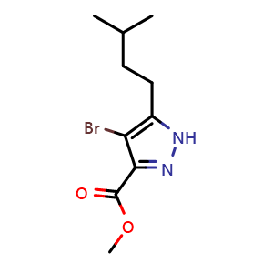 Chemical structure of Methyl 4-bromo-5-isopentyl-1H-pyrazole-3-carboxylate , CAS 1491132-54-7, AChemBlock AD260597