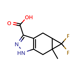 Chemical structure of 5,5-Difluoro-5a-methyl-1H,4H,4aH,5H,5aH,6H-cyclopropa[f]indazole-3-carboxylic acid , CAS 1557248-38-0, AChemBlock AD260614