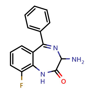 Chemical structure of 3-Amino-9-fluoro-5-phenyl-1H-benzo[e][1,4]diazepin-2(3H)-one , CAS 1584714-99-7, AChemBlock AD260621