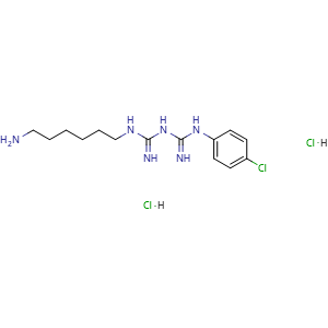 Chemical structure of N-(6-Aminohexyl)-N'-(4-chlorophenyl)imidodicarbonimidic diamide dihydrochloride , CAS 165678-61-5, AChemBlock AD260640