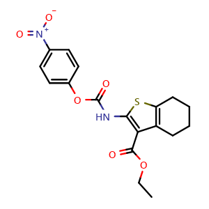 Chemical structure of Ethyl 2-(((4-nitrophenoxy)carbonyl)amino)-4,5,6,7-tetrahydrobenzo[b]thiophene-3-carboxylate , CAS 1820016-84-9, AChemBlock AD260687