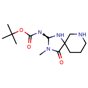 Chemical structure of tert-Butyl N-[3-methyl-4-oxo-1,3,7-triazaspiro[4.5]decan-2-ylidene]carbamate , CAS 1824674-39-6, AChemBlock AD260694