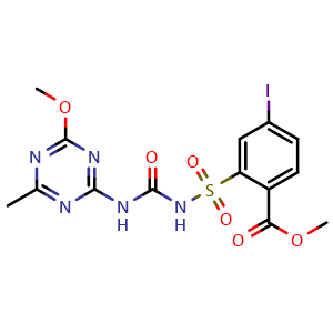 Chemical structure of Methyl 4-iodo-2-(N-(4-methoxy-6-methyl-1,3,5-triazin-2-ylcarbamoyl)sulfamoyl)benzoate , CAS 185119-76-0, AChemBlock AD260700