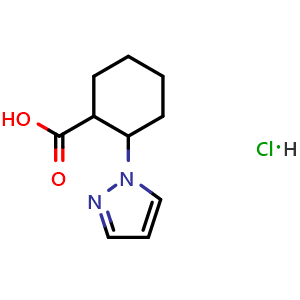 Chemical structure of 2-(1H-Pyrazol-1-yl)cyclohexane-1-carboxylic acid hydrochloride , CAS 1909347-69-8, AChemBlock AD260715