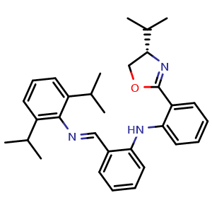 Chemical structure of (S,E)-2,6-Diisopropyl-N-(2-((2-(4-isopropyl-4,5-dihydrooxazol-2-yl)phenyl)amino)benzylidene)aniline , CAS 2001065-22-9, AChemBlock AD260741