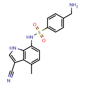 Chemical structure of 4-(Aminomethyl)-N-(3-cyano-4-methyl-1H-indol-7-yl)benzenesulfonamide , CAS 2098346-67-7, AChemBlock AD260753